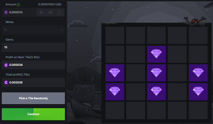 Example mines game showing a 2.79x multiplier for successfully selecting 7 gems in a game of 3 mines